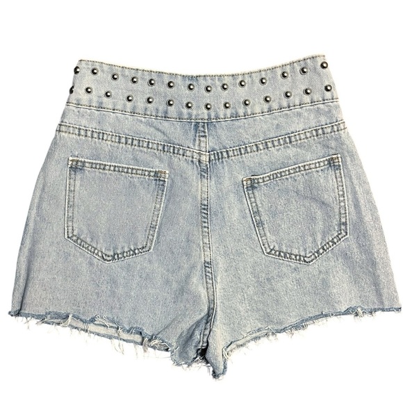 Western Boho Silver Studded Light Blue Distressed Denim Skort Size XS - Picture 3 of 6